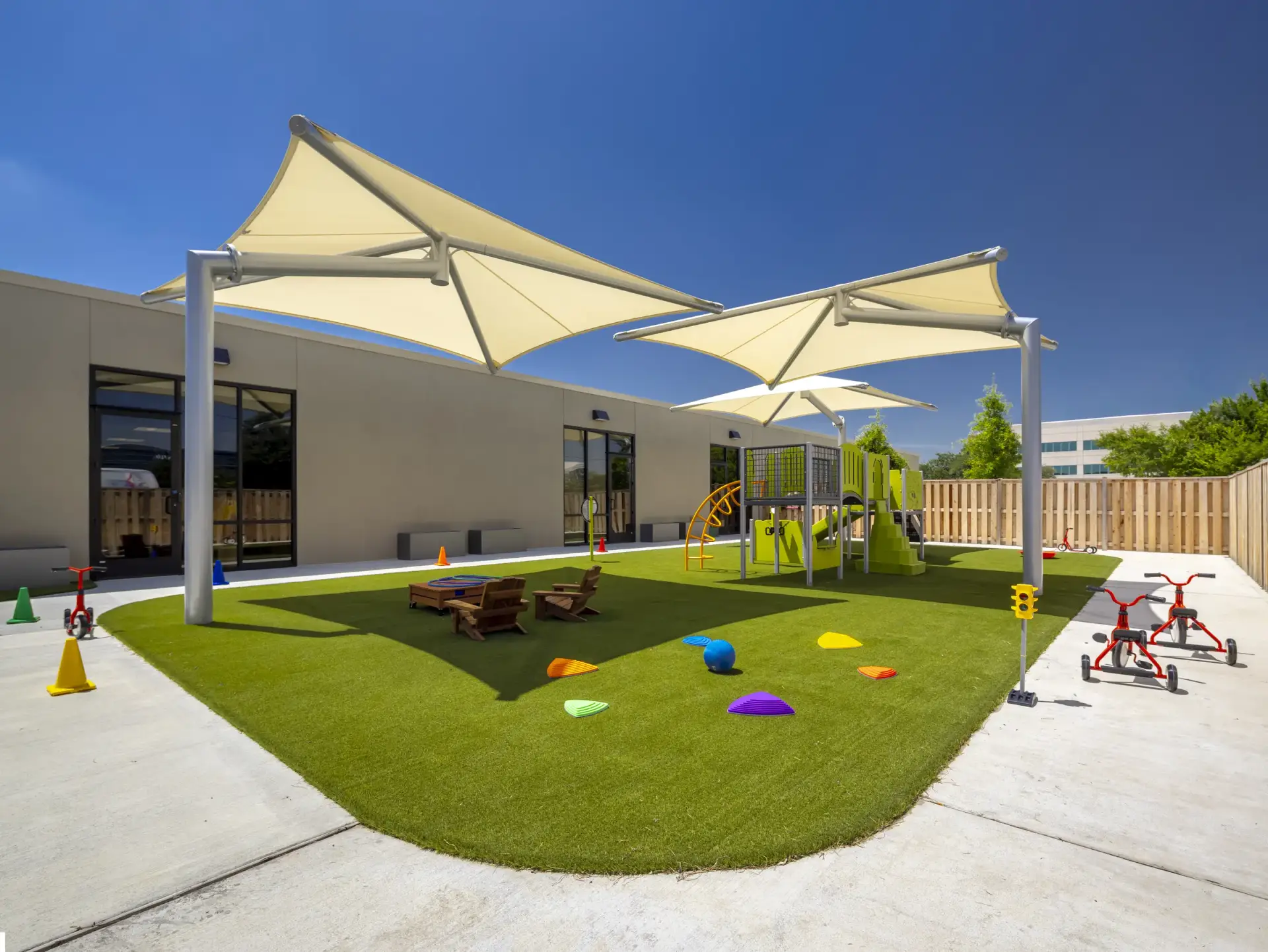 Completed childcare playground and shade canopies built by Urban Constructors